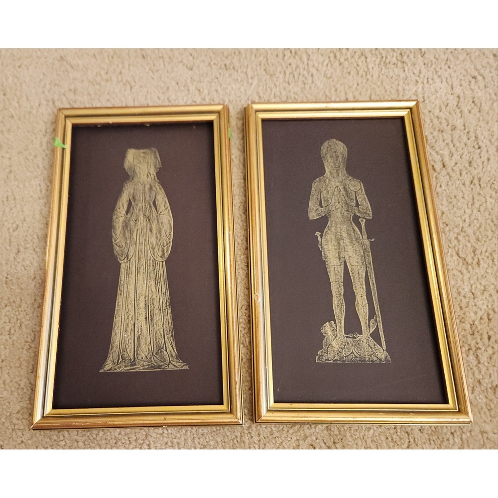 Pair Of Vtg Brass Rubbing Man Women Gold Frame 9.5" X 16.5" #X